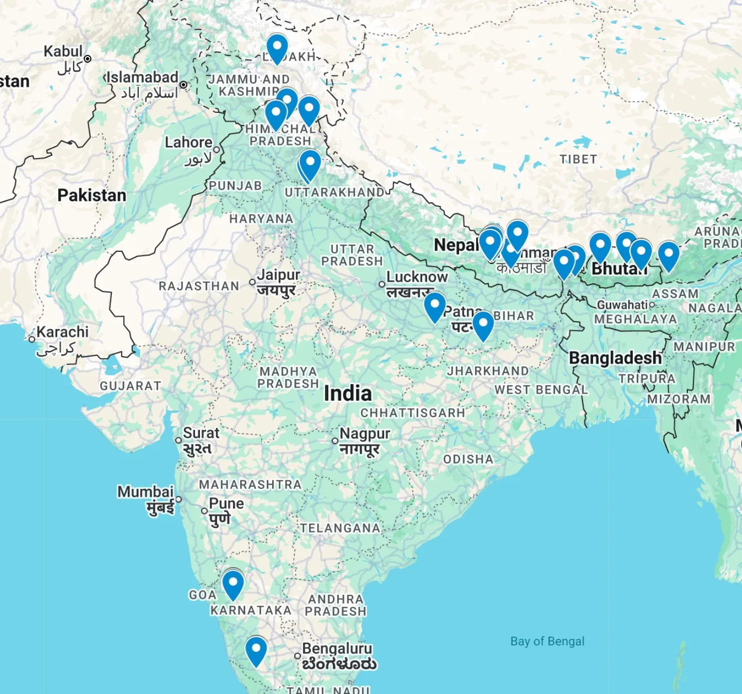 Map showing participating monasteries across India, Nepal, and Bhutan